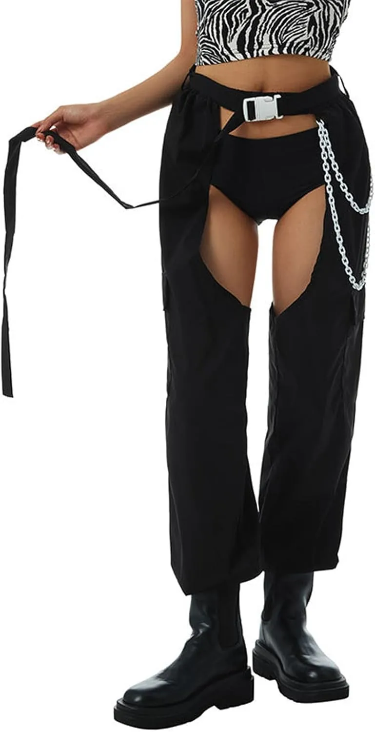 Women Bottomless Cargo Pants Sexy High Waist Buckle Rave Hollow Out Sexy Pants See Through Fashion Cargo Long Trousers