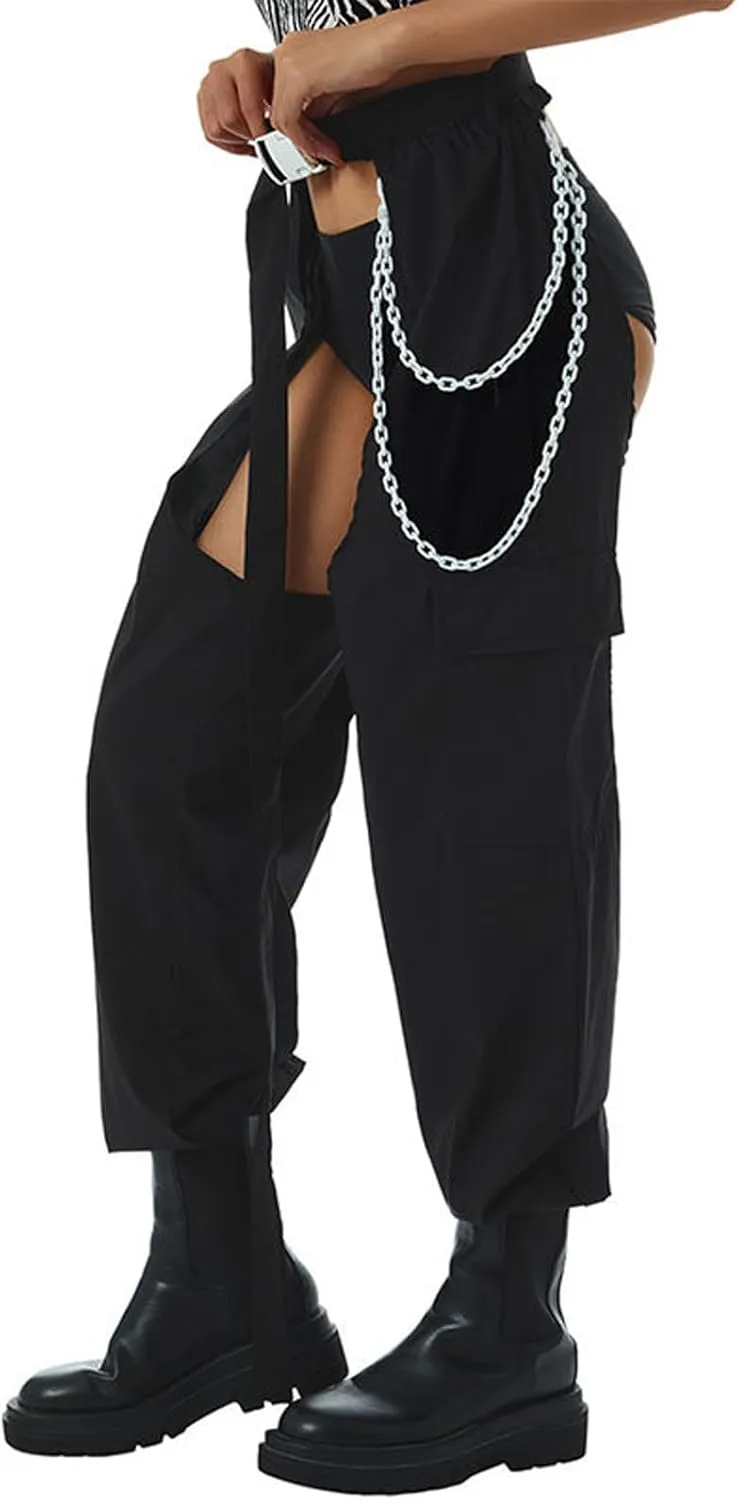 Women Bottomless Cargo Pants Sexy High Waist Buckle Rave Hollow Out Sexy Pants See Through Fashion Cargo Long Trousers