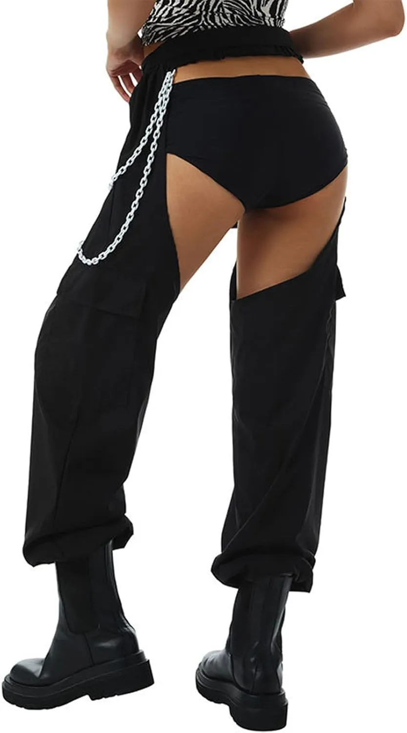 Women Bottomless Cargo Pants Sexy High Waist Buckle Rave Hollow Out Sexy Pants See Through Fashion Cargo Long Trousers
