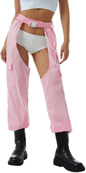 Women Bottomless Cargo Pants Sexy High Waist Buckle Rave Hollow Out Sexy Pants See Through Fashion Cargo Long Trousers