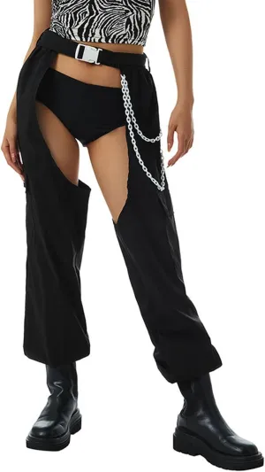 Women Bottomless Cargo Pants Sexy High Waist Buckle Rave Hollow Out Sexy Pants See Through Fashion Cargo Long Trousers