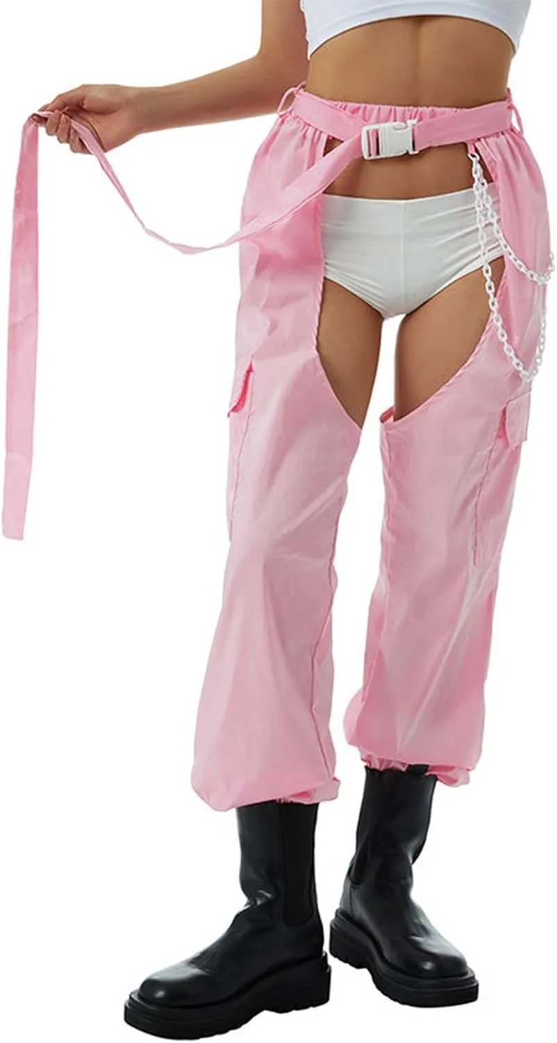Women Bottomless Cargo Pants Sexy High Waist Buckle Rave Hollow Out Sexy Pants See Through Fashion Cargo Long Trousers