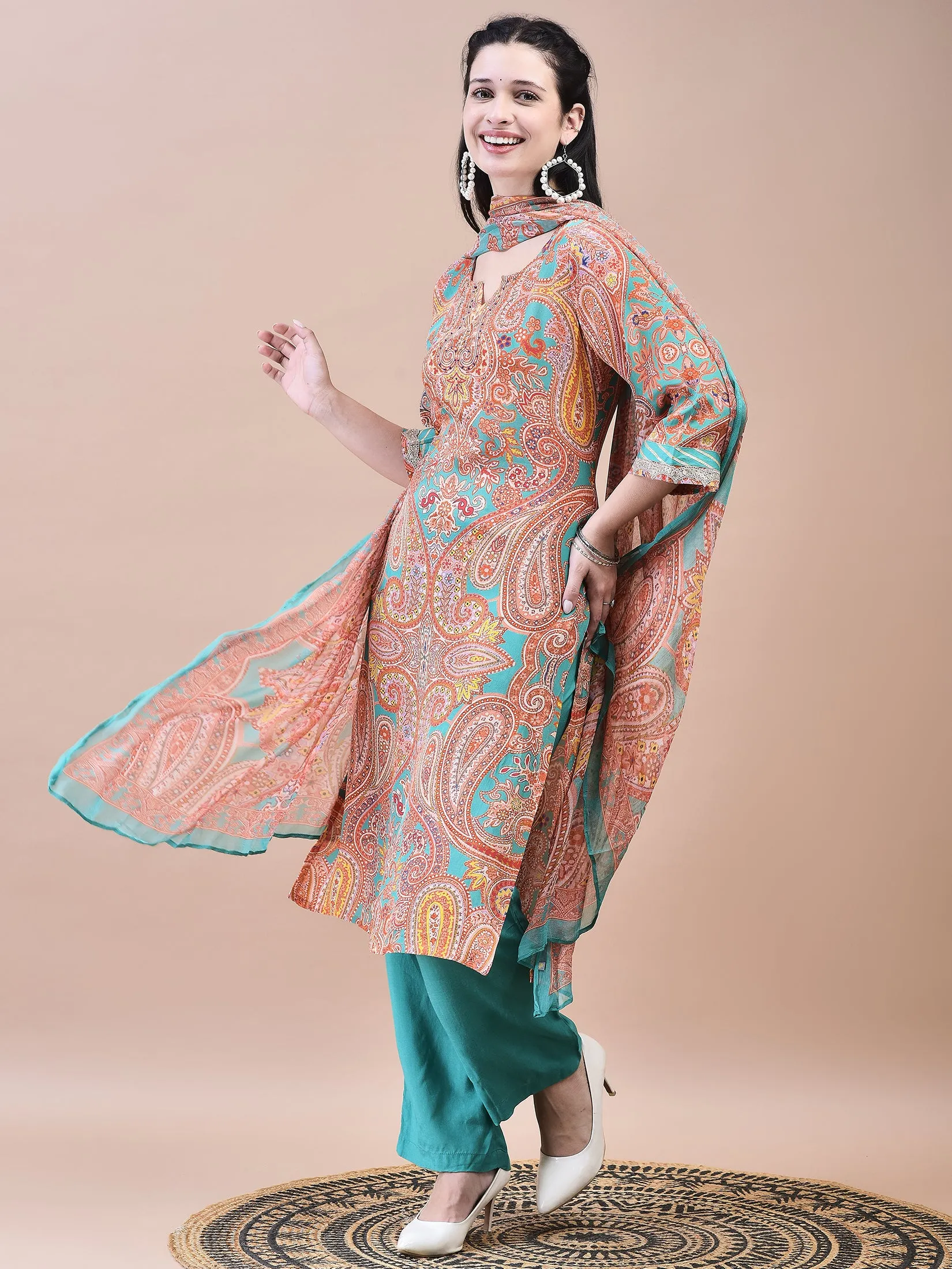 Women Crepe Orange Paisley Print Kurta Comfort Pant Dupatta