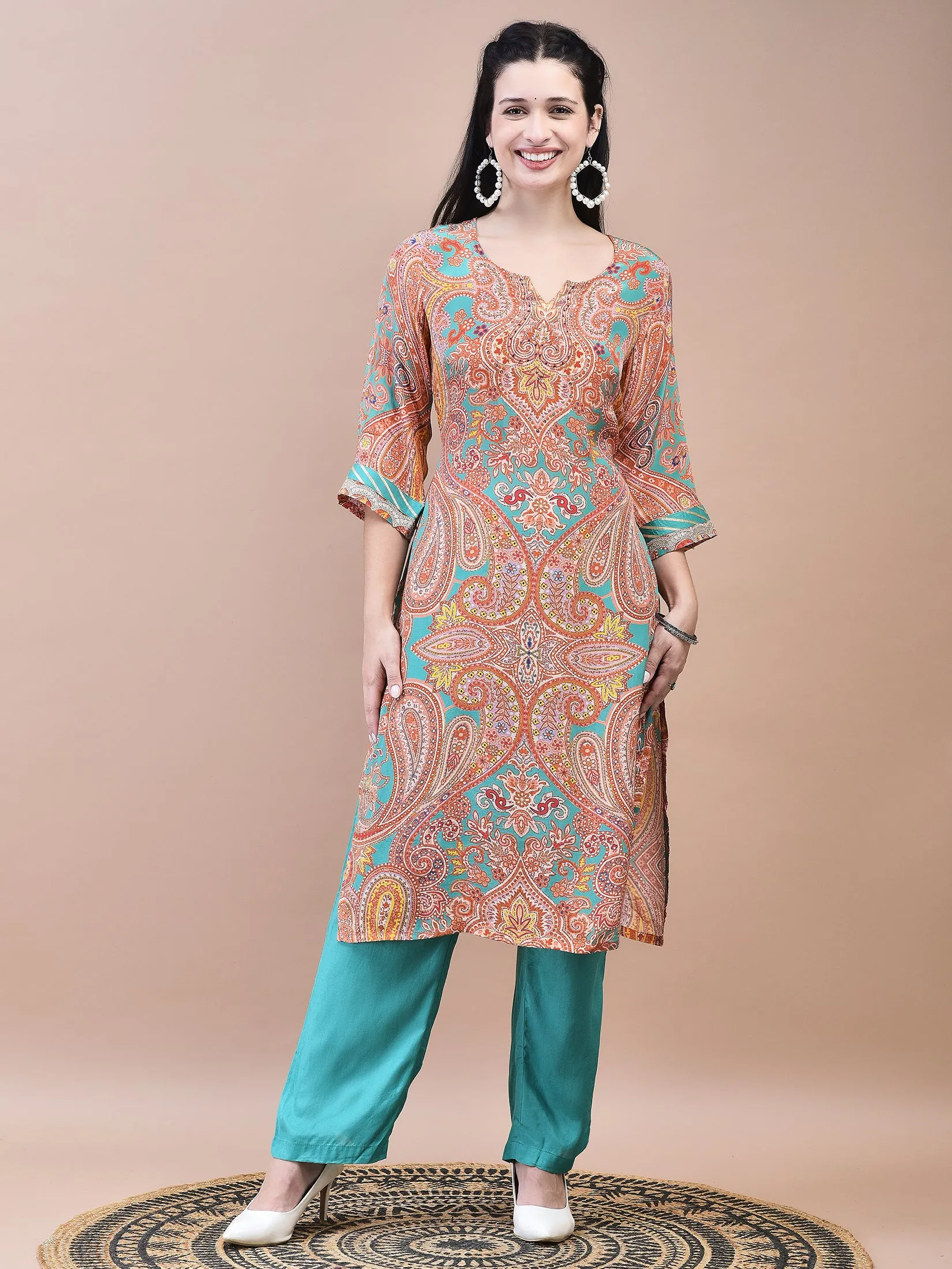 Women Crepe Orange Paisley Print Kurta Comfort Pant Dupatta