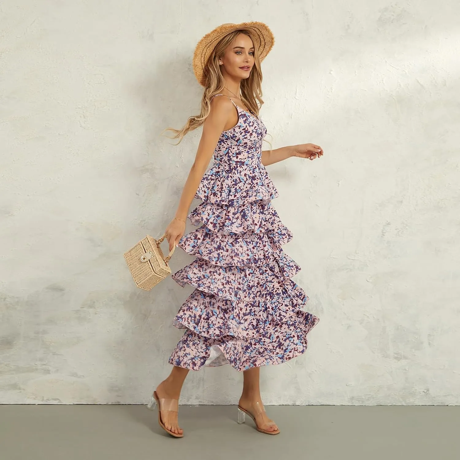 Women Floral Long Maxi Dress Sleeveless V Neck Tiered Ruffles Cami Dress Summer Casual Beach Party Sundress