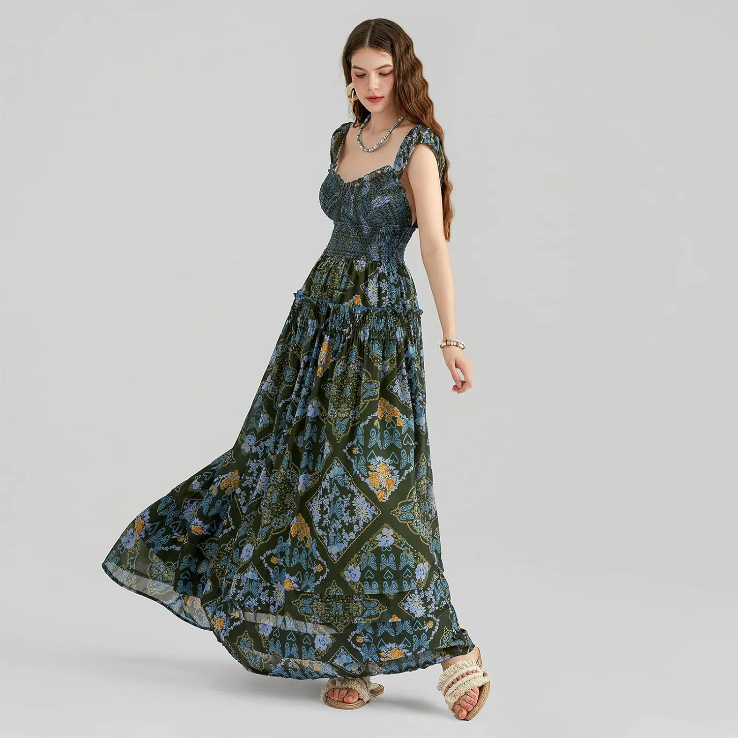 Women Floral Long Maxi Dress Sleeveless V Neck Tiered Ruffles Cami Dress Summer Casual Beach Party Sundress