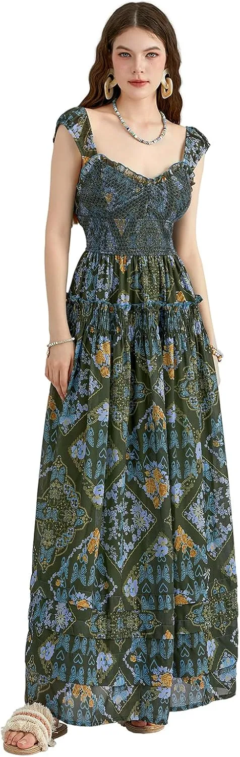 Women Floral Long Maxi Dress Sleeveless V Neck Tiered Ruffles Cami Dress Summer Casual Beach Party Sundress
