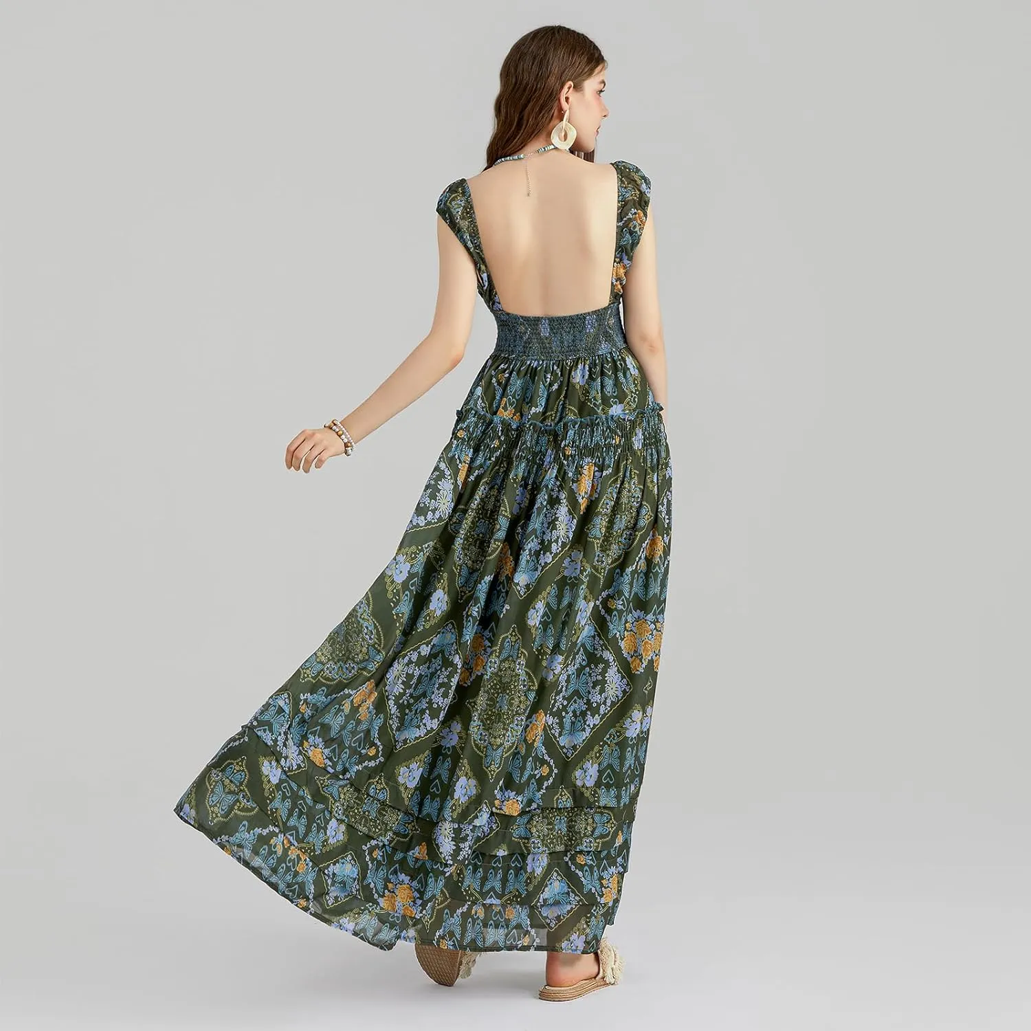 Women Floral Long Maxi Dress Sleeveless V Neck Tiered Ruffles Cami Dress Summer Casual Beach Party Sundress