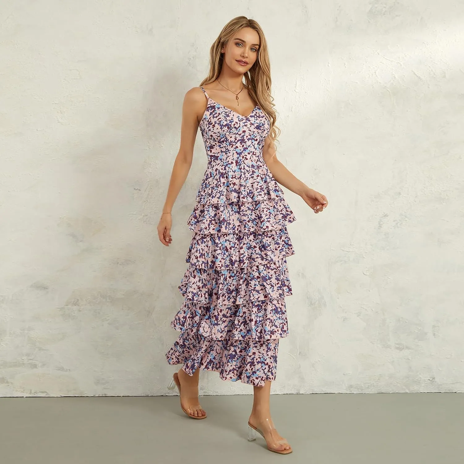 Women Floral Long Maxi Dress Sleeveless V Neck Tiered Ruffles Cami Dress Summer Casual Beach Party Sundress
