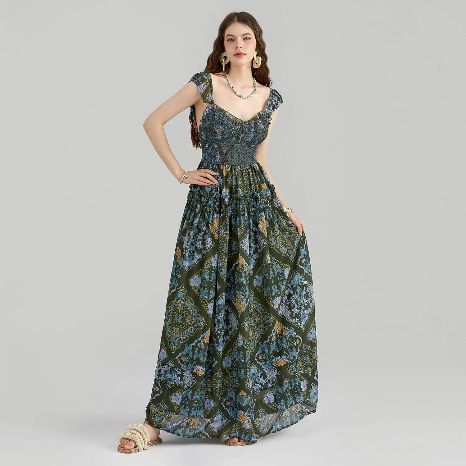 Women Floral Long Maxi Dress Sleeveless V Neck Tiered Ruffles Cami Dress Summer Casual Beach Party Sundress