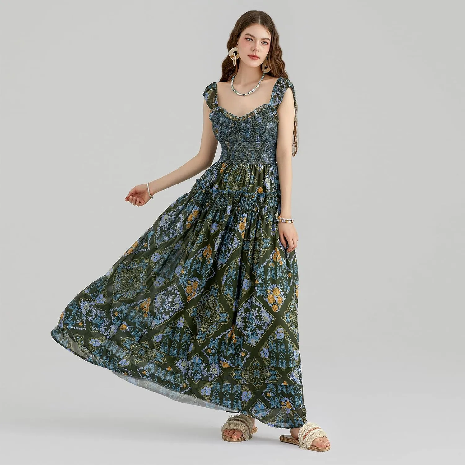 Women Floral Long Maxi Dress Sleeveless V Neck Tiered Ruffles Cami Dress Summer Casual Beach Party Sundress