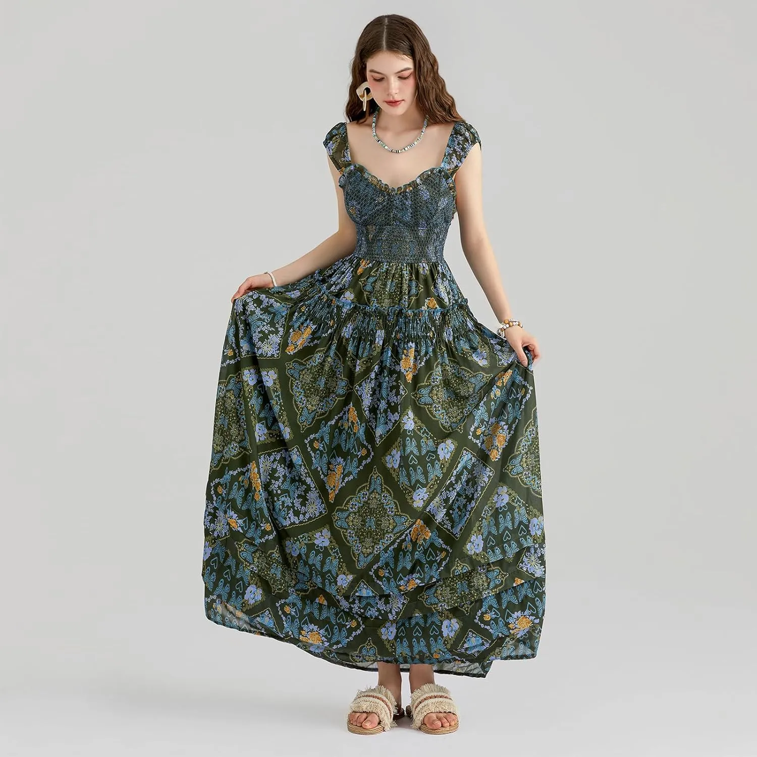Women Floral Long Maxi Dress Sleeveless V Neck Tiered Ruffles Cami Dress Summer Casual Beach Party Sundress