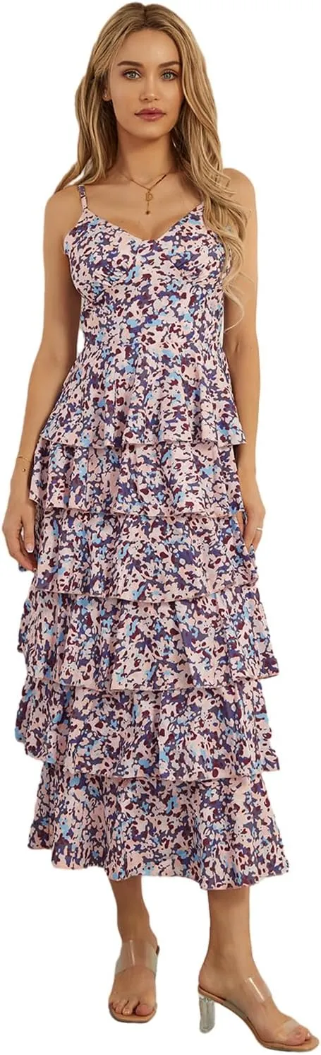 Women Floral Long Maxi Dress Sleeveless V Neck Tiered Ruffles Cami Dress Summer Casual Beach Party Sundress
