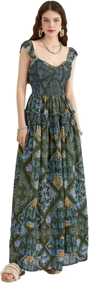 Women Floral Long Maxi Dress Sleeveless V Neck Tiered Ruffles Cami Dress Summer Casual Beach Party Sundress