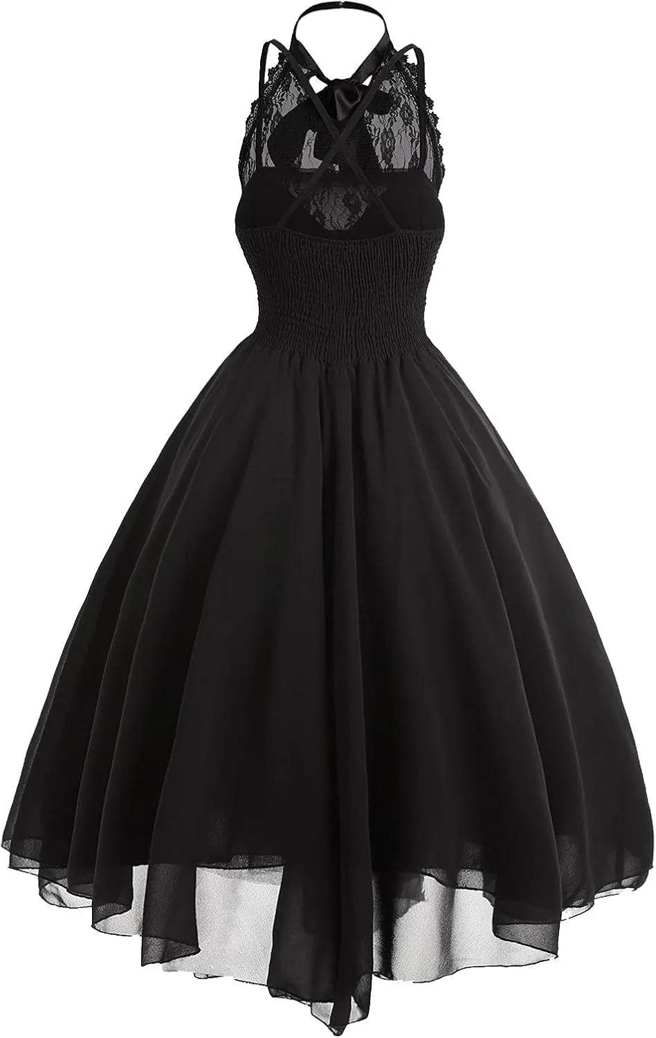 Women Gothic Sexy Dress Lace Panel Chiffon Dress Sexy Banquet Evening Dresses Goth Style Lace Halter Dress Swing Dress