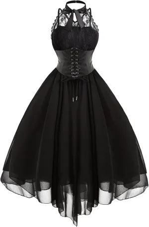 Women Gothic Sexy Dress Lace Panel Chiffon Dress Sexy Banquet Evening Dresses Goth Style Lace Halter Dress Swing Dress