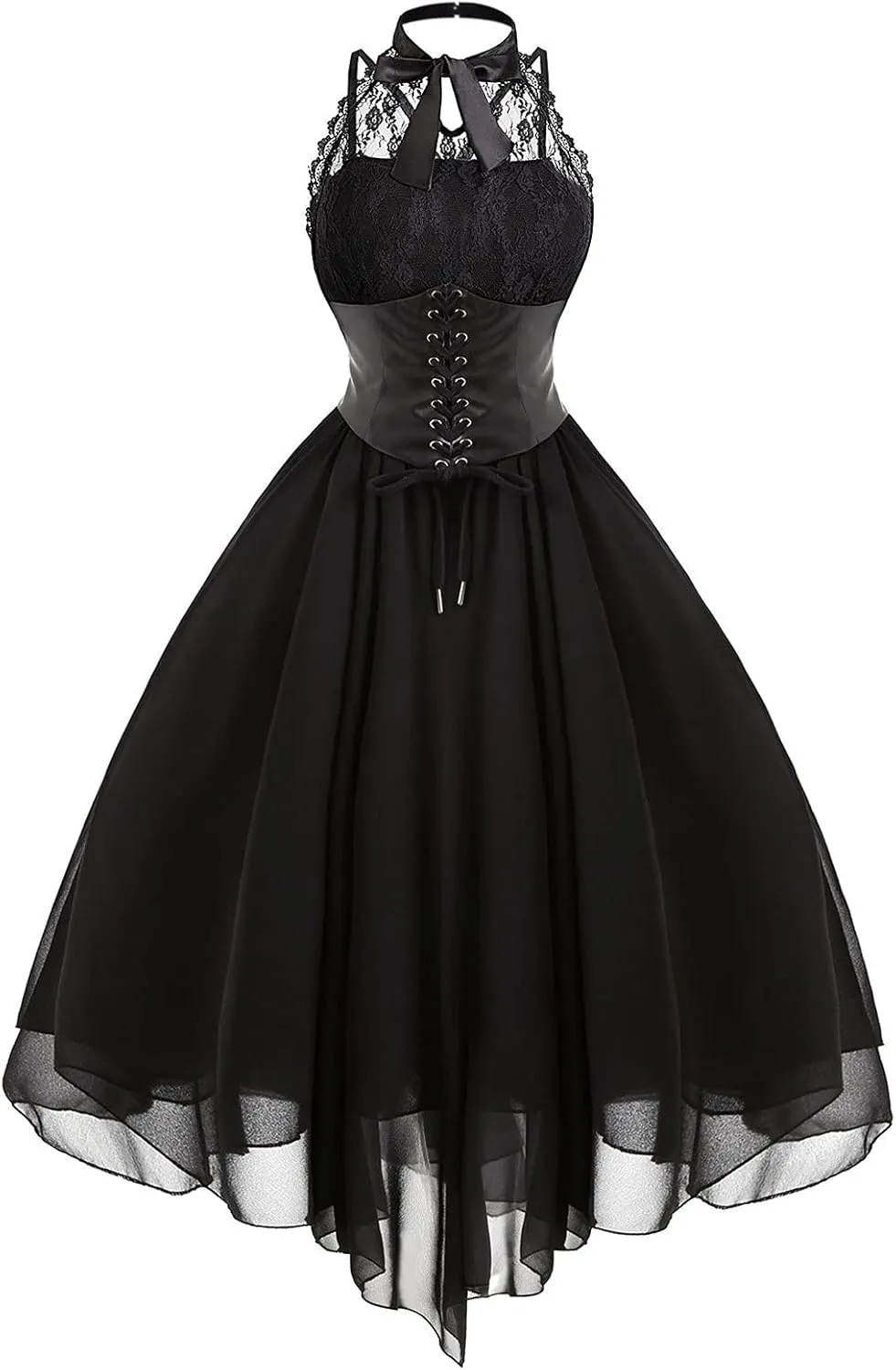 Women Gothic Sexy Dress Lace Panel Chiffon Dress Sexy Banquet Evening Dresses Goth Style Lace Halter Dress Swing Dress