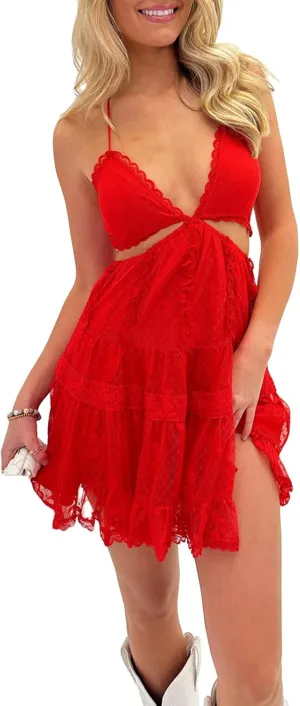 Women Halter Lace Mini Dress Y2k Sleeveless Backless Deep V Neck Tie Back Flowy Ruffle Boho Beach Party Short Dress