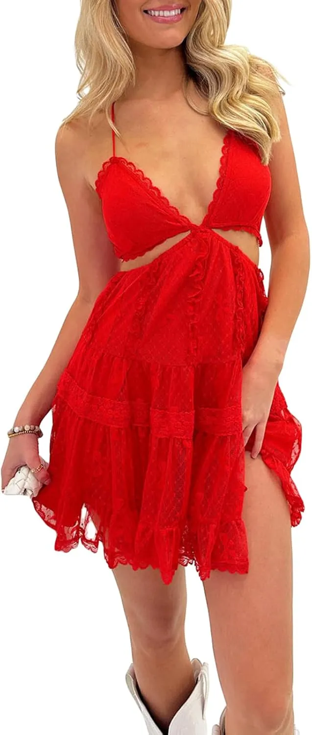Women Halter Lace Mini Dress Y2k Sleeveless Backless Deep V Neck Tie Back Flowy Ruffle Boho Beach Party Short Dress
