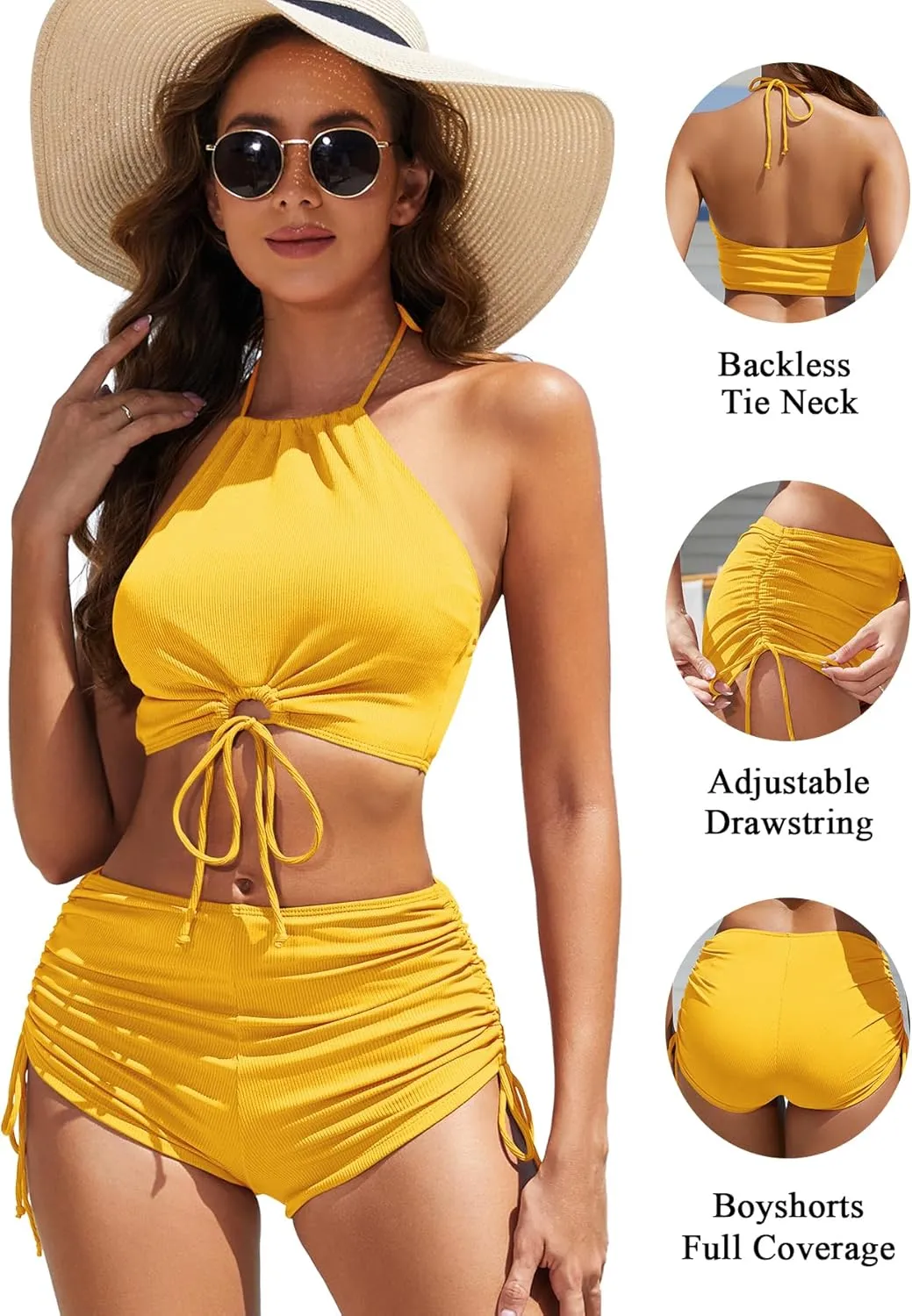 Women High Waisted Shorts Bikini Sets Tummy Control Swimsuit Two Piece Halter Drawstring Bathing Suit