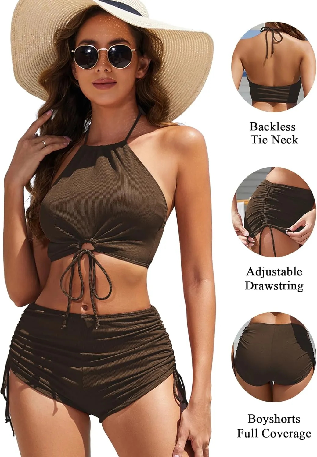Women High Waisted Shorts Bikini Sets Tummy Control Swimsuit Two Piece Halter Drawstring Bathing Suit