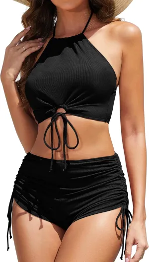 Women High Waisted Shorts Bikini Sets Tummy Control Swimsuit Two Piece Halter Drawstring Bathing Suit