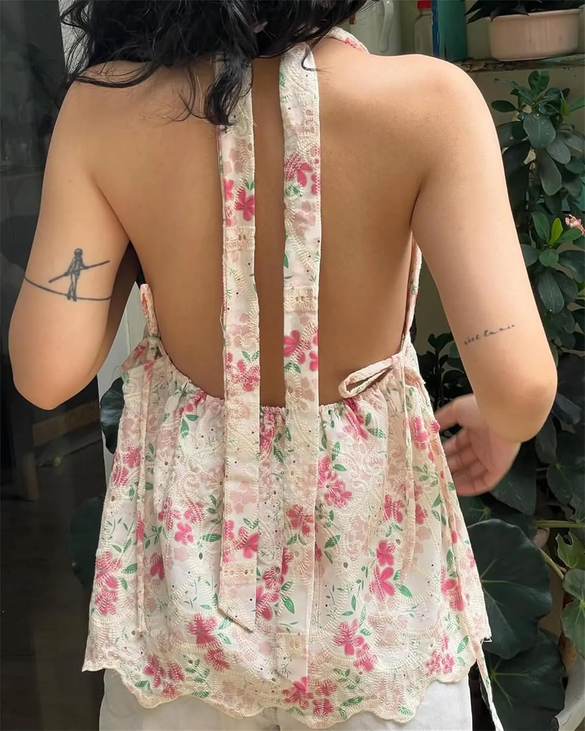 Women Lace Floral Halter Tank Tops Deep V Neck Backless Ruffle Camisole Y2K Bodycon Going Out Vest Streetwear
