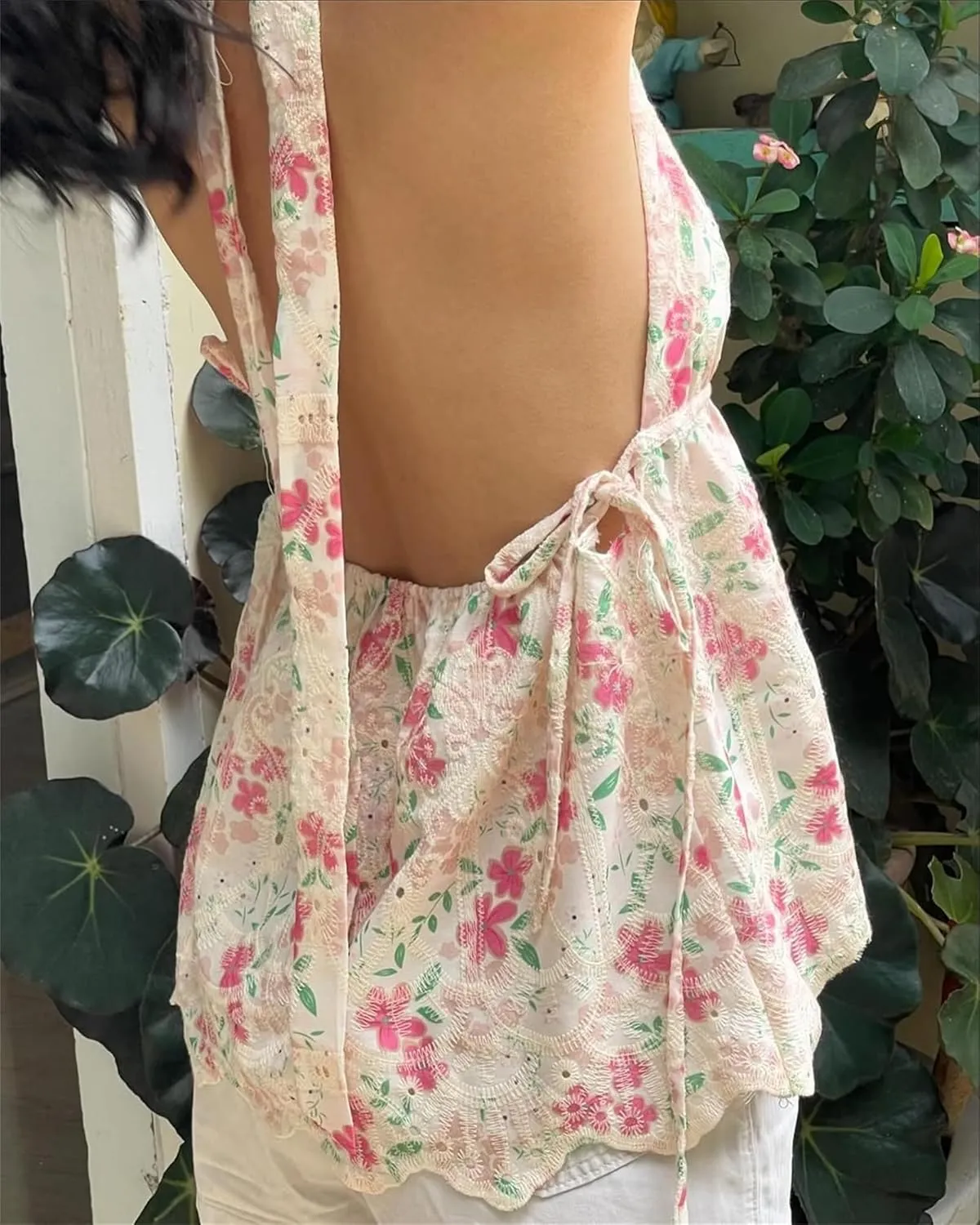 Women Lace Floral Halter Tank Tops Deep V Neck Backless Ruffle Camisole Y2K Bodycon Going Out Vest Streetwear
