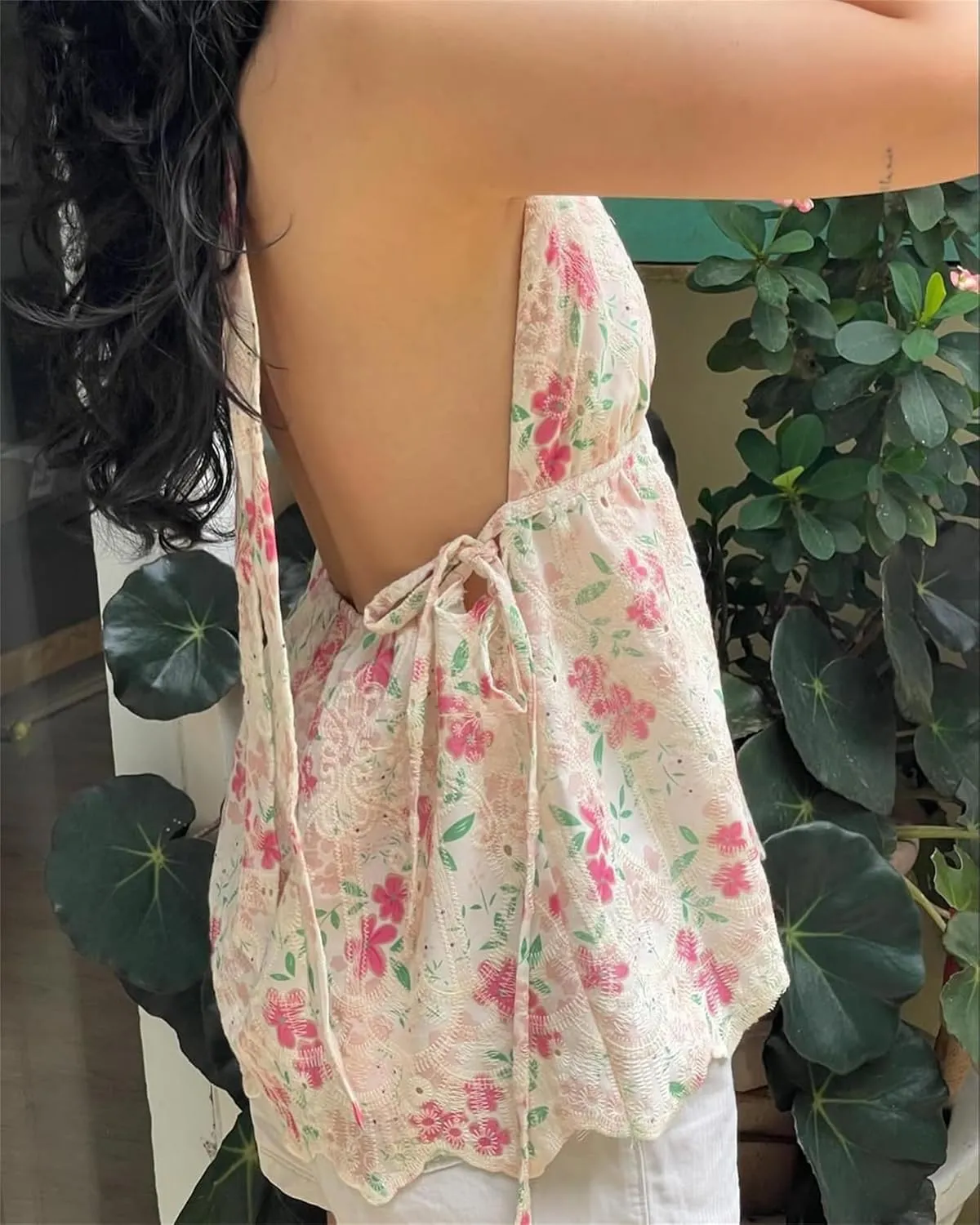 Women Lace Floral Halter Tank Tops Deep V Neck Backless Ruffle Camisole Y2K Bodycon Going Out Vest Streetwear