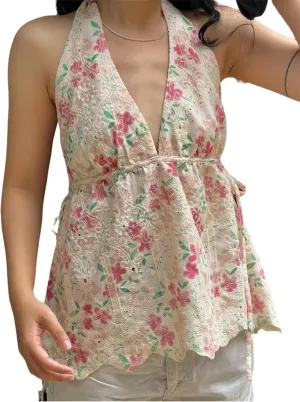 Women Lace Floral Halter Tank Tops Deep V Neck Backless Ruffle Camisole Y2K Bodycon Going Out Vest Streetwear