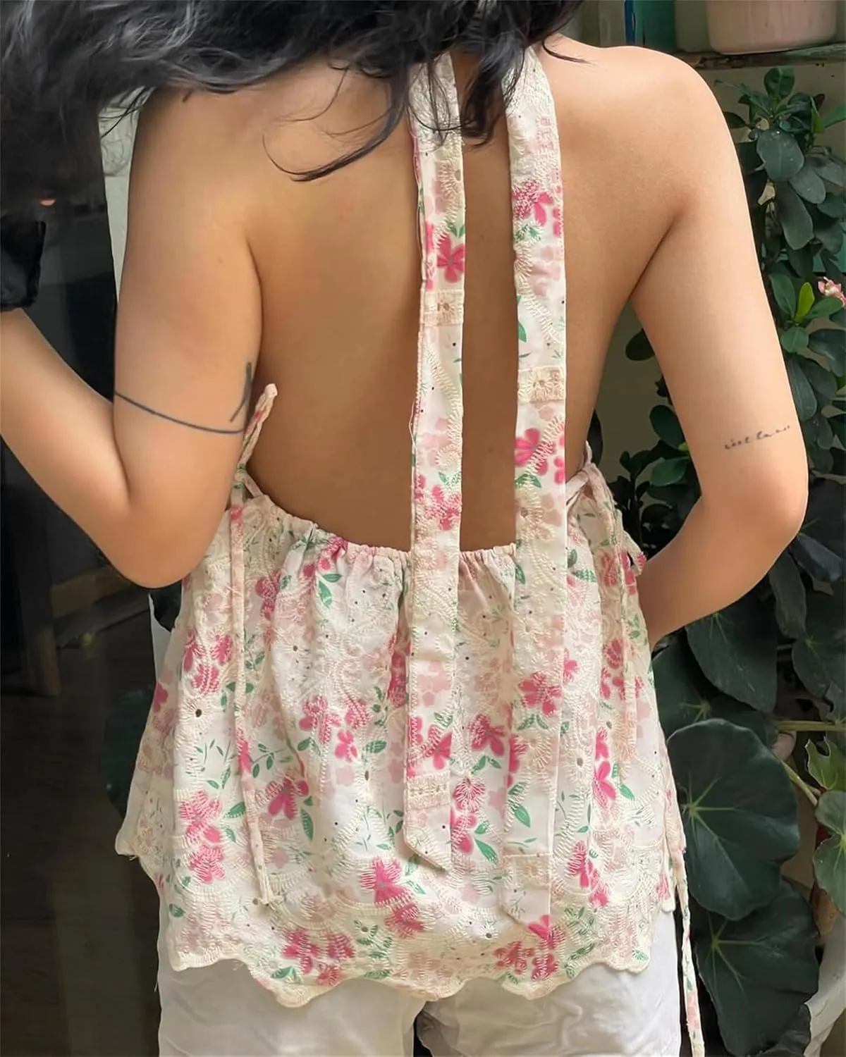 Women Lace Floral Halter Tank Tops Deep V Neck Backless Ruffle Camisole Y2K Bodycon Going Out Vest Streetwear