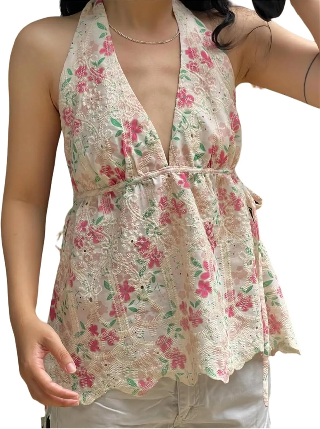 Women Lace Floral Halter Tank Tops Deep V Neck Backless Ruffle Camisole Y2K Bodycon Going Out Vest Streetwear