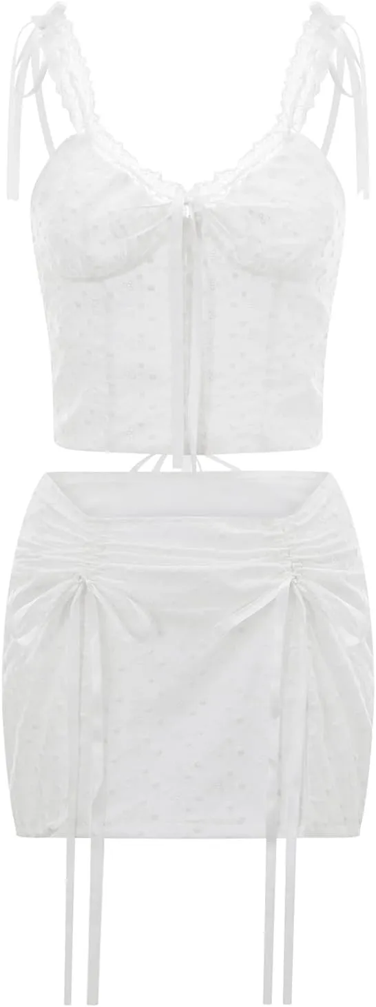 Women Lace Skirt Set, V-neck Tie-up Camisole with Drawstring Slit Mini Bodycon Skirt Summer Outfit for Party Club