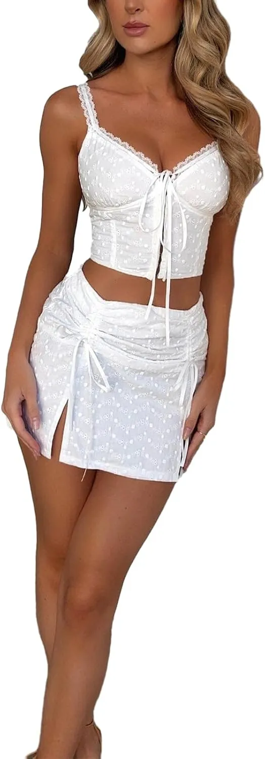Women Lace Skirt Set, V-neck Tie-up Camisole with Drawstring Slit Mini Bodycon Skirt Summer Outfit for Party Club