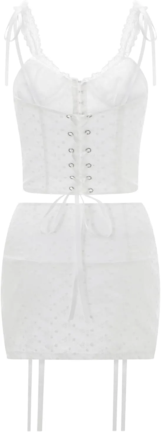 Women Lace Skirt Set, V-neck Tie-up Camisole with Drawstring Slit Mini Bodycon Skirt Summer Outfit for Party Club