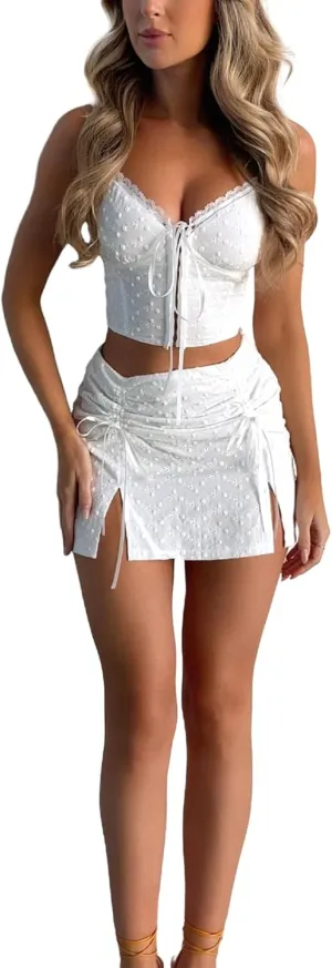 Women Lace Skirt Set, V-neck Tie-up Camisole with Drawstring Slit Mini Bodycon Skirt Summer Outfit for Party Club