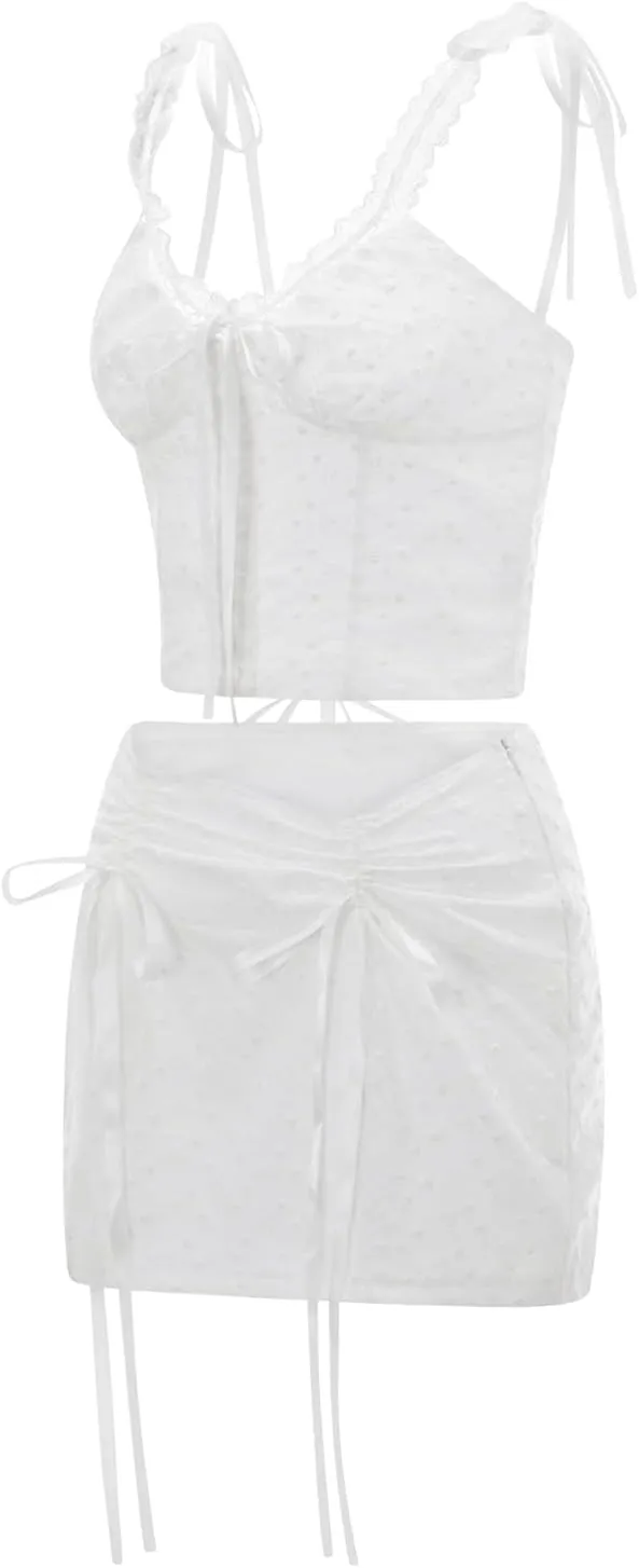 Women Lace Skirt Set, V-neck Tie-up Camisole with Drawstring Slit Mini Bodycon Skirt Summer Outfit for Party Club