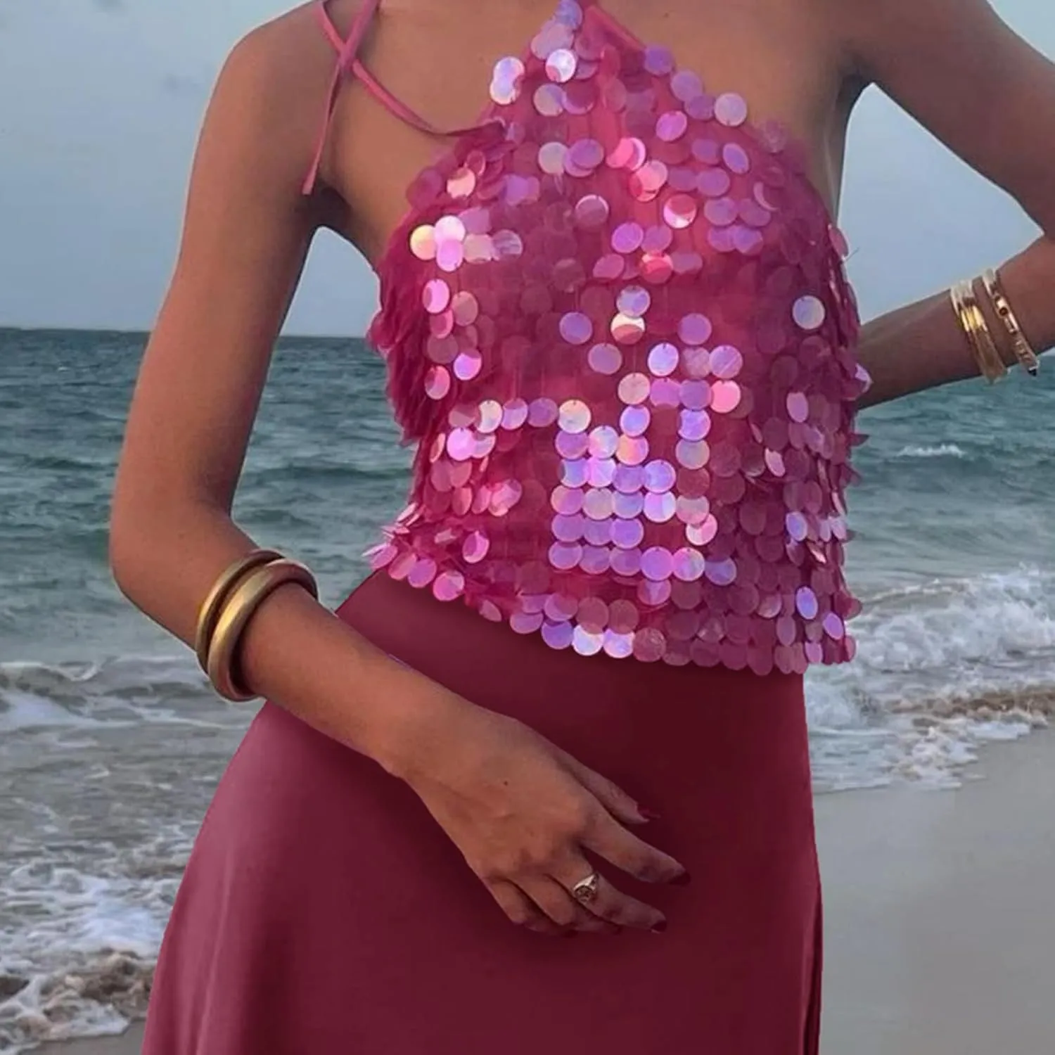 Women Sequin Halter Crop Top Sparkle Glitter Sleeveless Backless Cami Tank Tops Y2K Overall Sequins Camisole Going Out