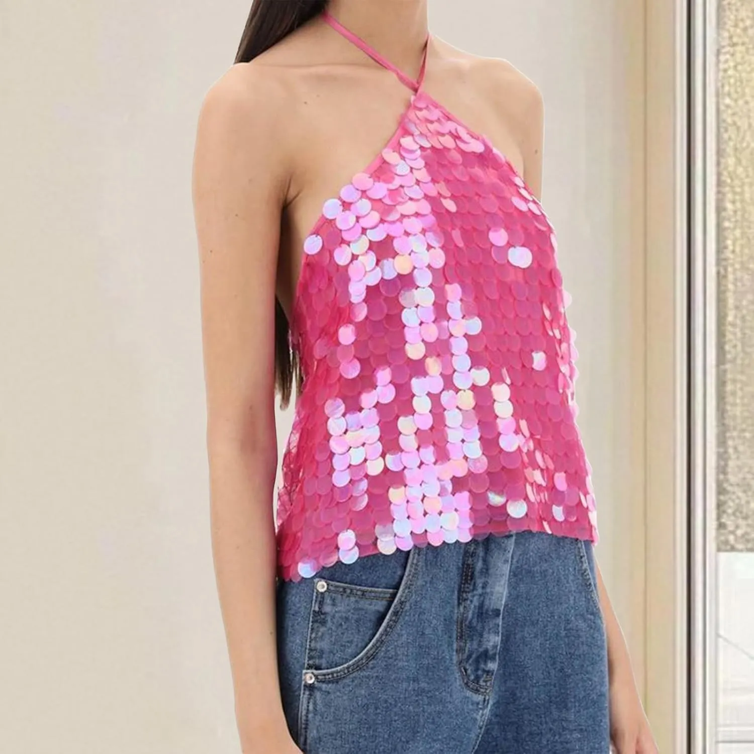Women Sequin Halter Crop Top Sparkle Glitter Sleeveless Backless Cami Tank Tops Y2K Overall Sequins Camisole Going Out