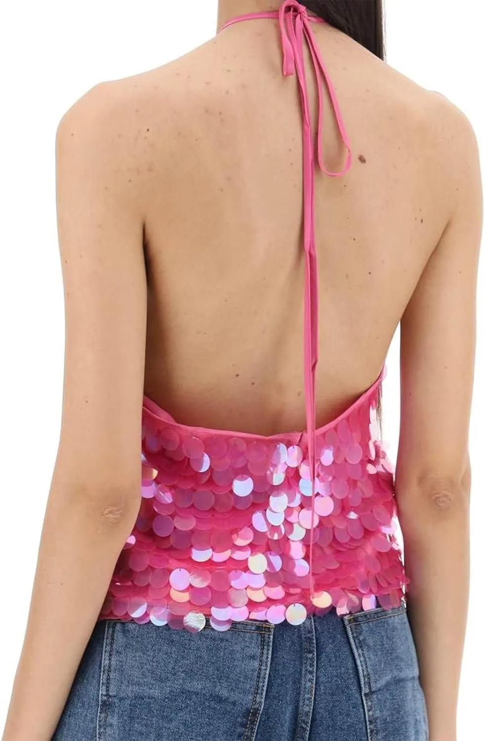 Women Sequin Halter Crop Top Sparkle Glitter Sleeveless Backless Cami Tank Tops Y2K Overall Sequins Camisole Going Out