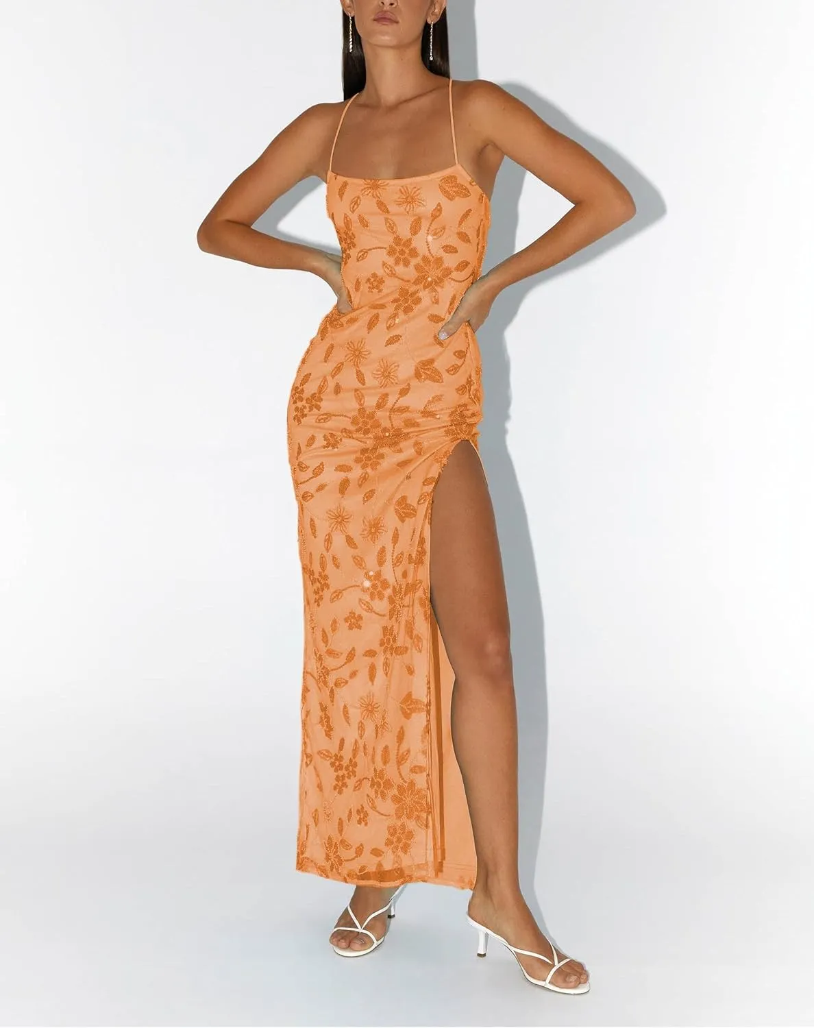 Women Sequin Sparkly Maxi Dress Y2k Square Neck Floral Cami Long Dress Side Split Glitter Bodycon Clubwear