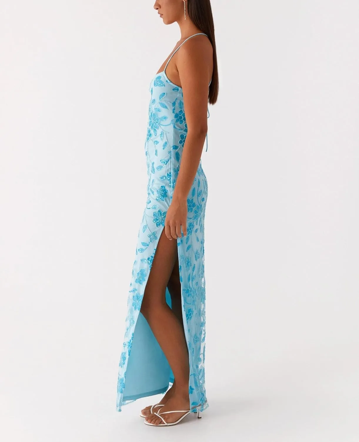 Women Sequin Sparkly Maxi Dress Y2k Square Neck Floral Cami Long Dress Side Split Glitter Bodycon Clubwear