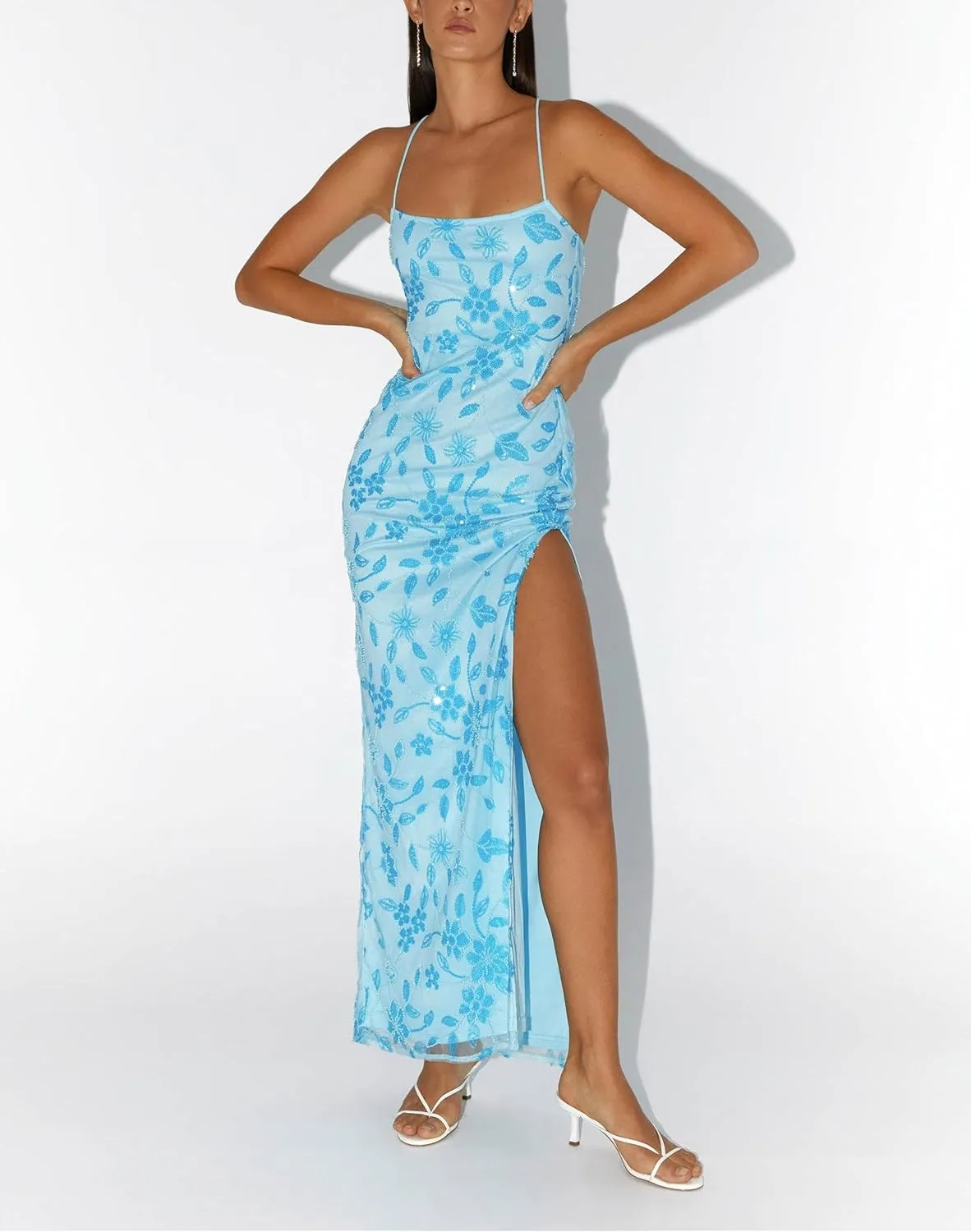 Women Sequin Sparkly Maxi Dress Y2k Square Neck Floral Cami Long Dress Side Split Glitter Bodycon Clubwear