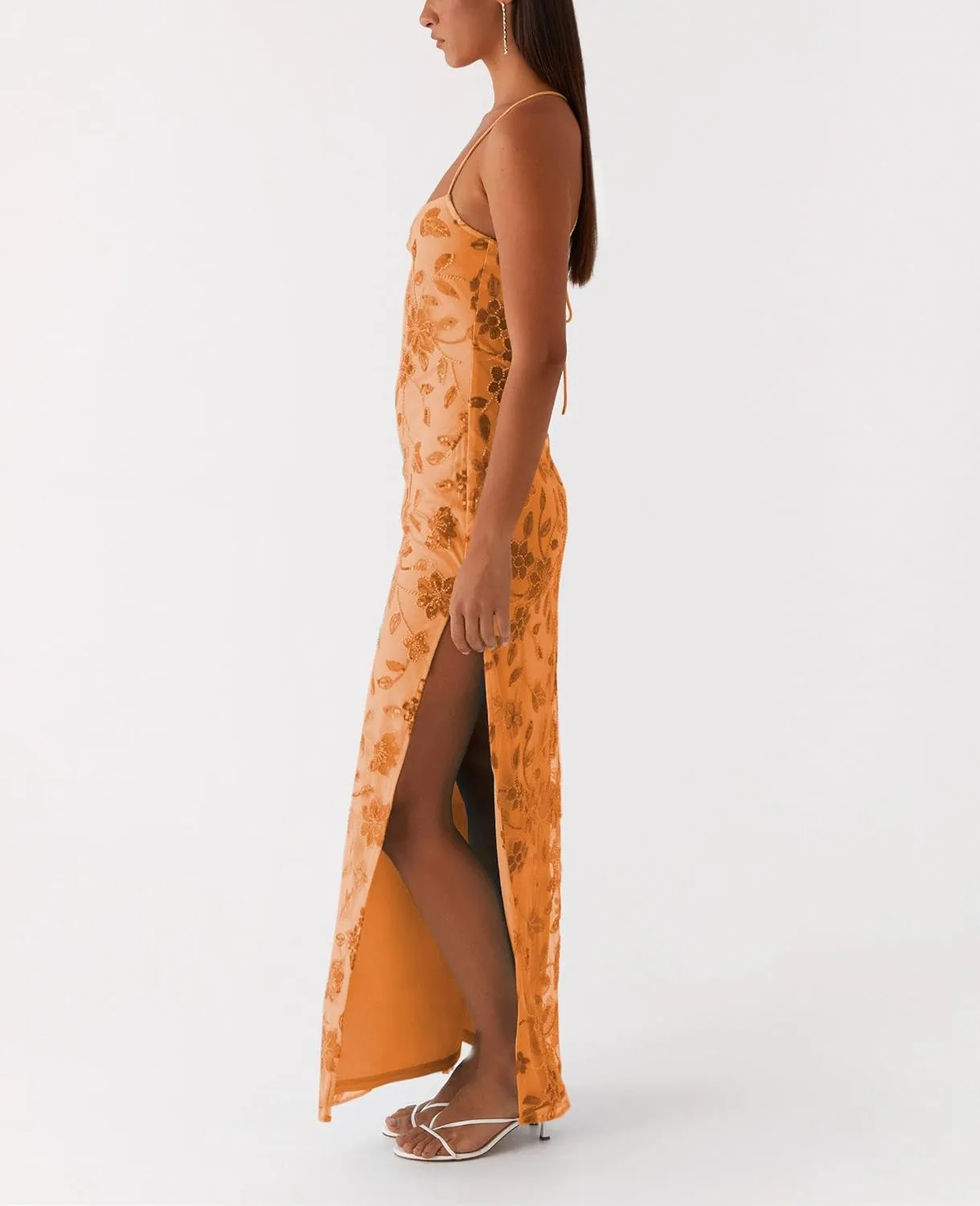 Women Sequin Sparkly Maxi Dress Y2k Square Neck Floral Cami Long Dress Side Split Glitter Bodycon Clubwear