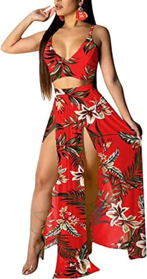 Women Sexy 2 Piece Outfits Dress Chiffon Strap Deep V Neck Bra Crop Top High Split Maxi Dresses Skirt Set