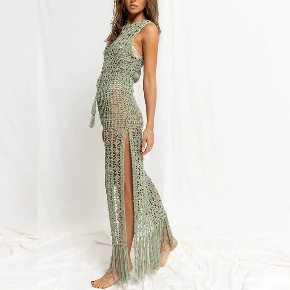 Women Sexy Hollow Out Mesh Tassle Skirts Beach Cover Up Crochet Summer Swimsuit Split Sheer Maxi Swimwear