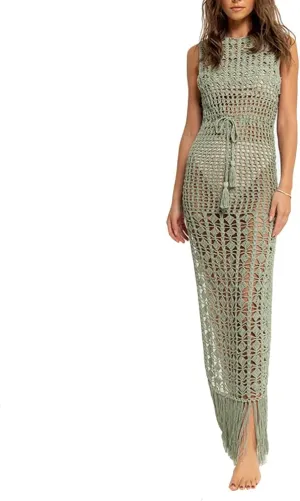 Women Sexy Hollow Out Mesh Tassle Skirts Beach Cover Up Crochet Summer Swimsuit Split Sheer Maxi Swimwear