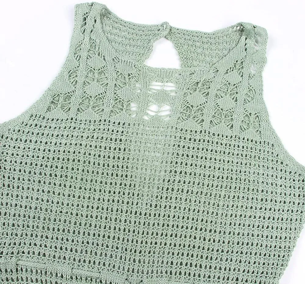 Women Sexy Hollow Out Mesh Tassle Skirts Beach Cover Up Crochet Summer Swimsuit Split Sheer Maxi Swimwear