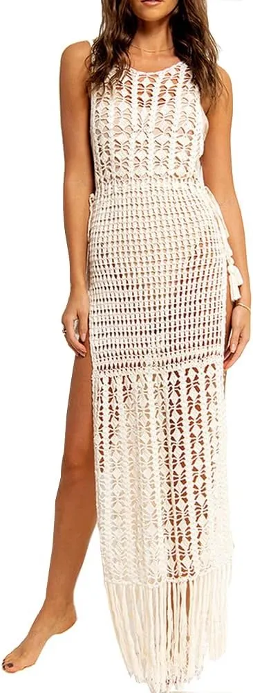 Women Sexy Hollow Out Mesh Tassle Skirts Beach Cover Up Crochet Summer Swimsuit Split Sheer Maxi Swimwear