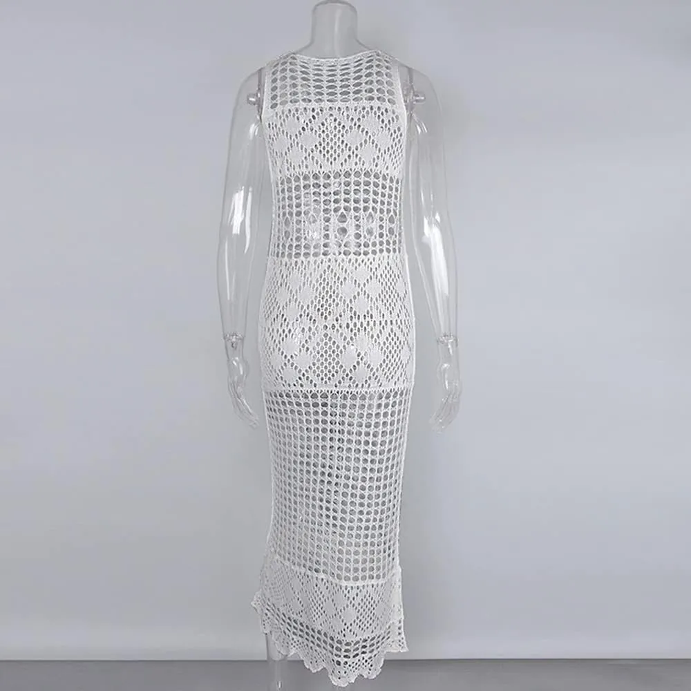 Women Sexy Hollow Out Mesh Tassle Skirts Beach Cover Up Crochet Summer Swimsuit Split Sheer Maxi Swimwear